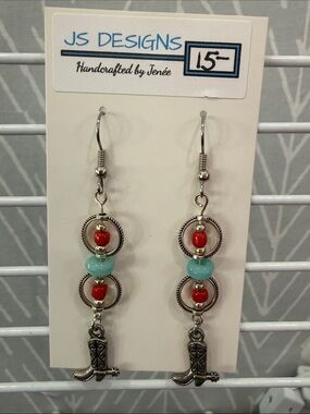JS Designs Silver-Tone Red and Turquoise Bead Cowboy Boot Dangle Earrings